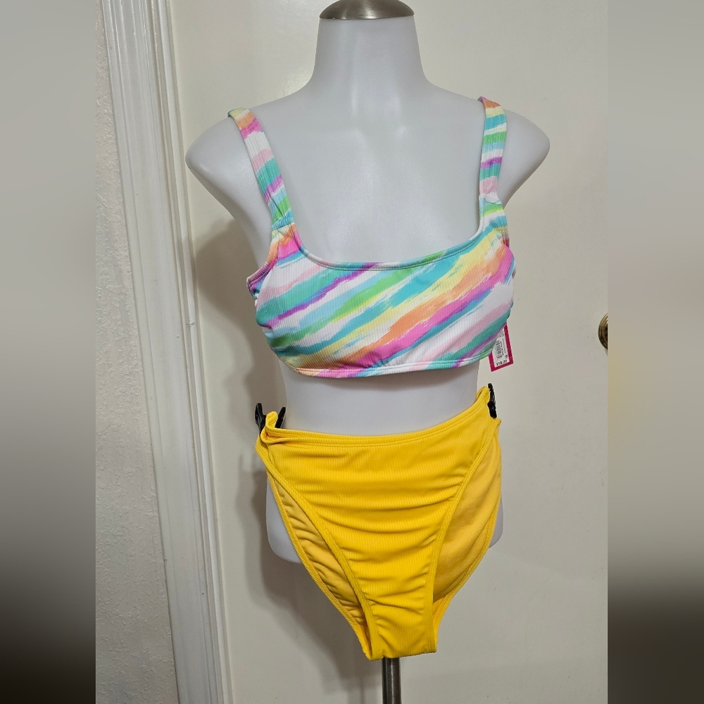 #956 Colorful Striped Bikini Top and Yellow Bottom